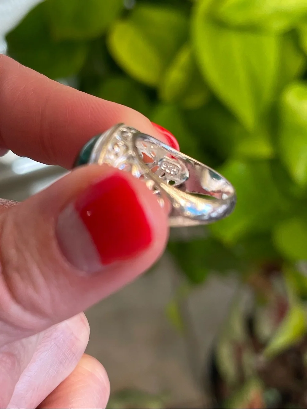 Sterling Silver Malachite Cabochon Estate Ring – Ornate Filigree – Size 6